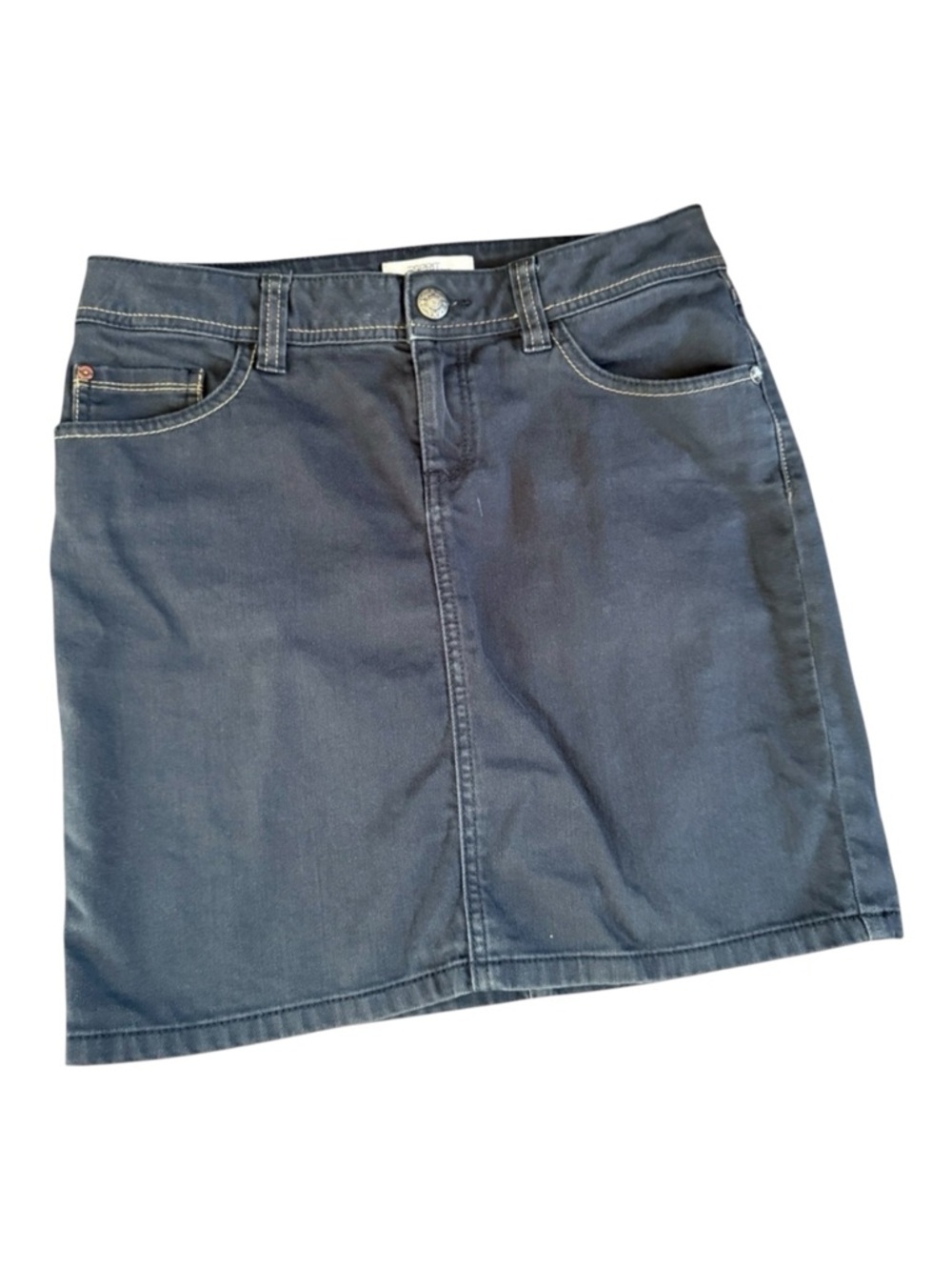 Esprit Dark faded Black Denim Skirt, 5 pocket styling, zip front, sz 29.